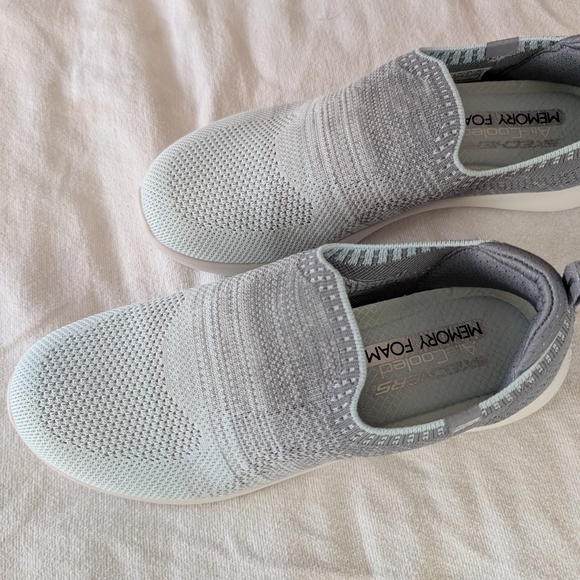 Skechers Shoes - Skechers Gray and White Sneakers with Breathable Mesh and Slip-On Design